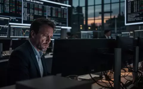 Ein einsamer Börsenhändler an einem dunklen Arbeitsplatz in einer modernen Frankfurter Börsenhalle bei gedimmtem Licht. - Foto: über boerse-global.de