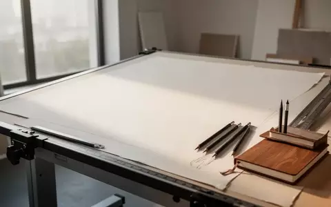 Ein minimalistischer Arbeitsplatz mit einem leeren Zeichenbrett, hochwertigen Stiften und natürlichem Tageslicht. - Foto: über boerse-global.de