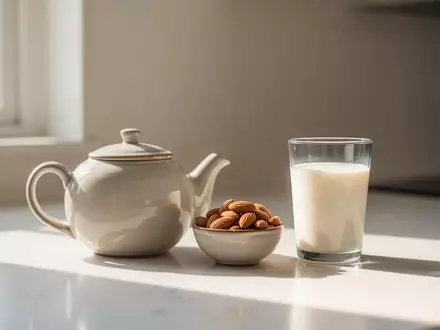 Eine Teekanne, eine Schale mit Mandeln und ein Glas Milch auf einer hellen Küchentheke im natürlichen Sonnenlicht. - Foto: über boerse-global.de