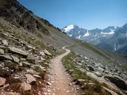 Ein gewundener Bergpfad führt einen steilen, felsigen Hang in einer alpinen Hochgebirgslandschaft hinauf. - Foto: über boerse-global.de