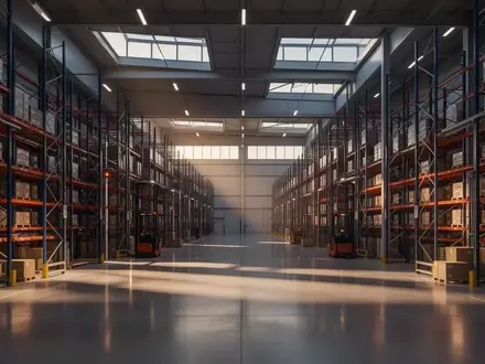 Modernes, automatisiertes Logistiklager mit hochdichten Regalsystemen und polierten Betonböden bei Dämmerlicht. - Foto: über boerse-global.de