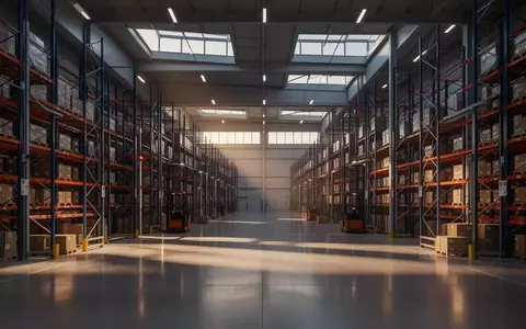 Modernes, automatisiertes Logistiklager mit hochdichten Regalsystemen und polierten Betonböden bei Dämmerlicht. - Foto: über boerse-global.de