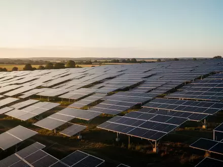 Moderne Solarpark-Anlage in einer weitläufigen Landschaft bei Sonnenuntergang - Foto: über boerse-global.de