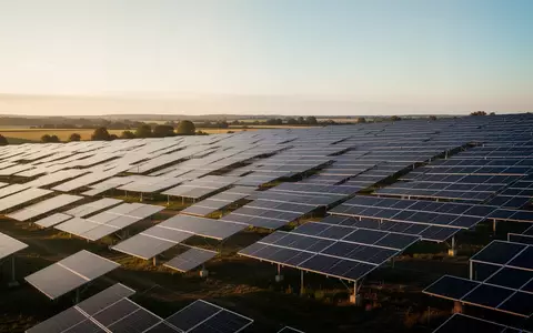 Moderne Solarpark-Anlage in einer weitläufigen Landschaft bei Sonnenuntergang - Foto: über boerse-global.de