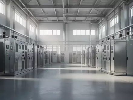 Moderne, leere Industriehalle mit elektrischen Verteilerschränken und natürlichem Lichteinfall zur Visualisierung betrieblicher Energieeffizienz. - Foto: über boerse-global.de