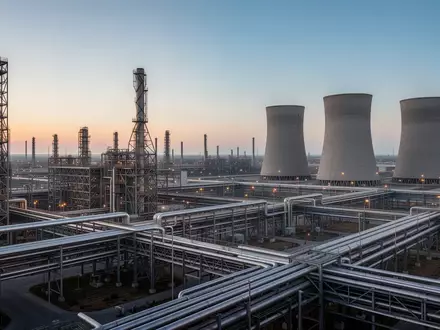Weitläufiges Industriegelände mit Stahlstrukturen und Kühltürmen in der Dämmerung als Symbol für kritische Infrastruktur. - Foto: über boerse-global.de