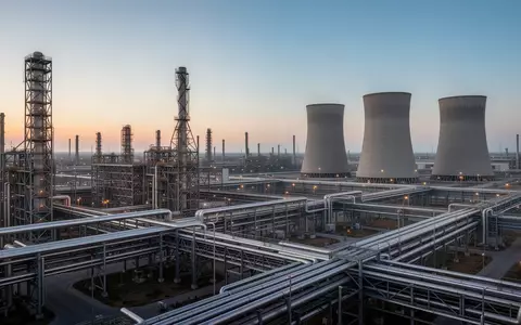 Weitläufiges Industriegelände mit Stahlstrukturen und Kühltürmen in der Dämmerung als Symbol für kritische Infrastruktur. - Foto: über boerse-global.de