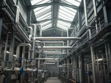 Industrielle Anlage mit komplexen Rohrleitungen und Kabeltrassen in einer Fertigungshalle. - Foto: ĂŒber boerse-global.de
