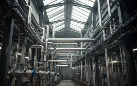 Industrielle Anlage mit komplexen Rohrleitungen und Kabeltrassen in einer Fertigungshalle. - Foto: über boerse-global.de