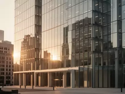 Moderne Glasfassade eines Bürogebäudes im Finanzviertel während der goldenen Stunde. - Foto: über boerse-global.de