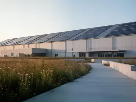 Eine moderne Industrieanlage mit Solarpaneelen auf dem Dach, umgeben von einer naturnahen Landschaft mit Gräsern. - Foto: über boerse-global.de
