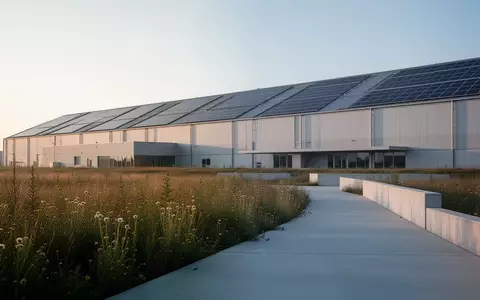 Eine moderne Industrieanlage mit Solarpaneelen auf dem Dach, umgeben von einer naturnahen Landschaft mit Gräsern. - Foto: über boerse-global.de