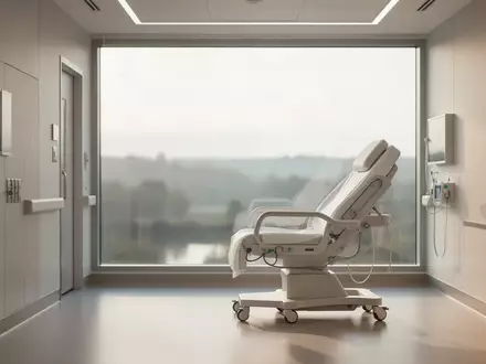 Ein heller, minimalistischer Krankenhausraum mit einem leeren ergonomischen Stuhl und Blick ins Grüne. - Foto: über boerse-global.de