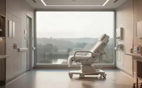 Ein heller, minimalistischer Krankenhausraum mit einem leeren ergonomischen Stuhl und Blick ins Grüne. - Foto: über boerse-global.de