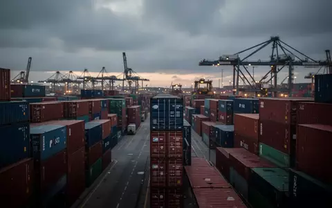 Ein weitläufiges Containerterminal in einem deutschen Seehafen bei Dämmerung mit gestapelten Frachtcontainern und Kränen. - Foto: über boerse-global.de