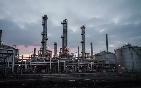 Ein weites, menschenleeres Industriegelände mit hohen Destillationskolonnen und Rohrleitungen bei Dämmerung. - Foto: über boerse-global.de