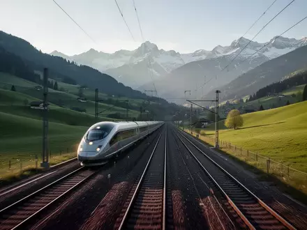 Ein moderner Hochgeschwindigkeitszug fährt durch ein sonniges Alpental nahe der französisch-schweizerischen Grenze. - Foto: über boerse-global.de