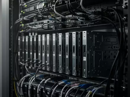 Dunkles Serverraum-Rack mit technischer Hardware in einem minimalistischen, unbeschrifteten Umfeld. - Foto: über boerse-global.de
