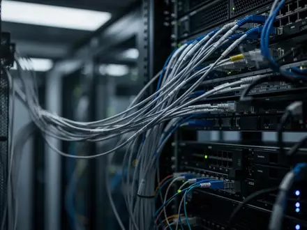 Abstrakte Ansicht von Glasfaserverkabelung in einem Serverraum in kühlem Licht. - Foto: über boerse-global.de