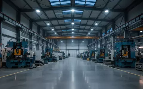 Eine weitläufige, moderne Industriehalle mit schweren Maschinen und stählernen Strukturen bei Dämmerlicht. - Foto: über boerse-global.de