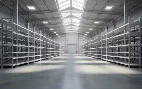 Ein weites, leeres Logistikzentrum mit hohen Regalsystemen und poliertem Industrieboden bei natürlichem Lichteinfall. - Foto: über boerse-global.de