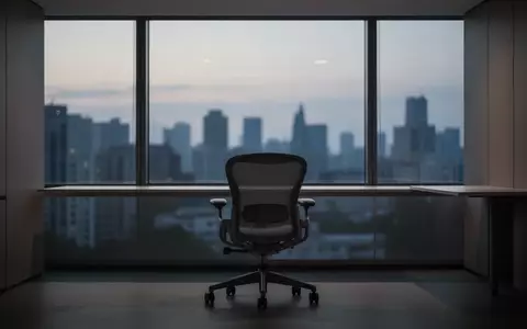 Ein leerer, moderner Büroarbeitsplatz in der Abenddämmerung mit Blick auf die Stadt, der die Debatte um Arbeitszeitmodelle symbolisiert. - Foto: über boerse-global.de