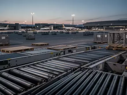 Leere, modern gestaltete Rollbahnen in einem Luftfrachtzentrum bei Dämmerung. - Foto: über boerse-global.de