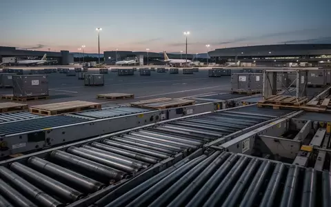 Leere, modern gestaltete Rollbahnen in einem Luftfrachtzentrum bei Dämmerung. - Foto: über boerse-global.de