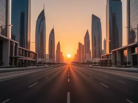 Moderne, leere Asphaltstraße in Doha bei Dämmerung mit den Silhouetten von Wolkenkratzern im Hintergrund. - Foto: über boerse-global.de