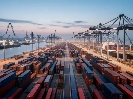 Ein moderner, belebter internationaler Logistikhafen bei Dämmerung, der die globale Handelsvernetzung symbolisiert. - Foto: über boerse-global.de