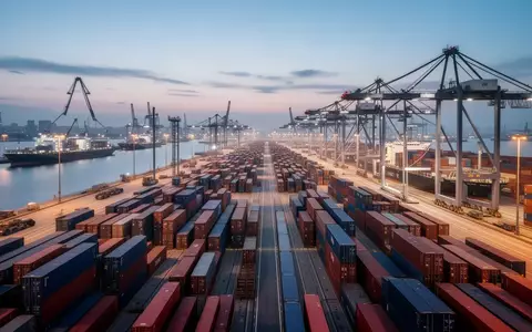Ein moderner, belebter internationaler Logistikhafen bei Dämmerung, der die globale Handelsvernetzung symbolisiert. - Foto: über boerse-global.de