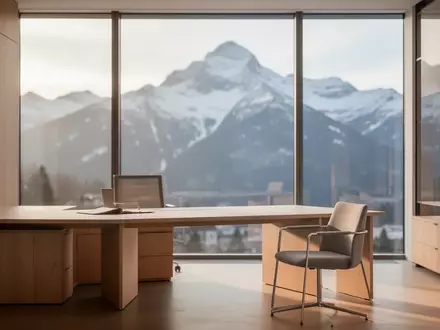 Ein minimalistischer Arbeitsplatz in einem Schweizer Regierungsgebäude mit Blick auf die Alpen durch ein großes Fenster. - Foto: über boerse-global.de