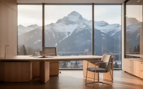 Ein minimalistischer Arbeitsplatz in einem Schweizer Regierungsgebäude mit Blick auf die Alpen durch ein großes Fenster. - Foto: über boerse-global.de