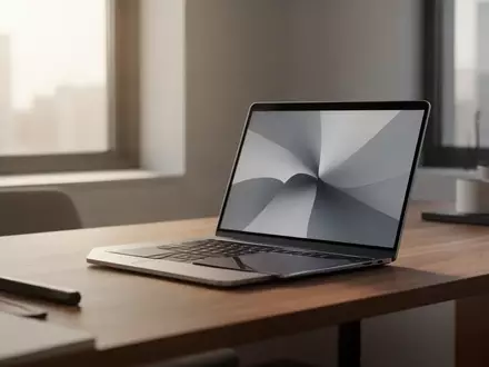 Ein minimalistischer moderner Arbeitsplatz mit einem Laptop auf einem Holztisch bei natürlichem Tageslicht. - Foto: über boerse-global.de