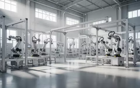 Eine hochautomatisierte, moderne Industriehalle mit Roboterarmen und Metallkonstruktionen in einer hellen Fertigungsumgebung. - Foto: über boerse-global.de