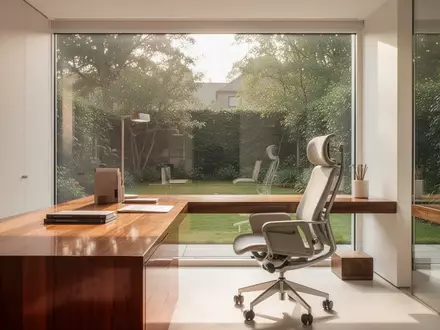 Ein minimalistisch eingerichtetes Home-Office bei Tageslicht mit einem leeren Schreibtisch und Blick in einen Garten. - Foto: über boerse-global.de