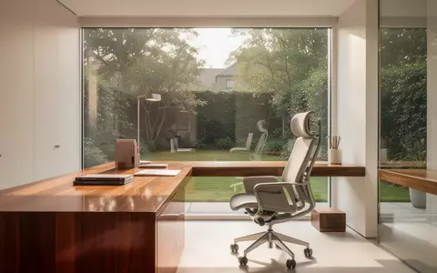 Ein minimalistisch eingerichtetes Home-Office bei Tageslicht mit einem leeren Schreibtisch und Blick in einen Garten. - Foto: über boerse-global.de