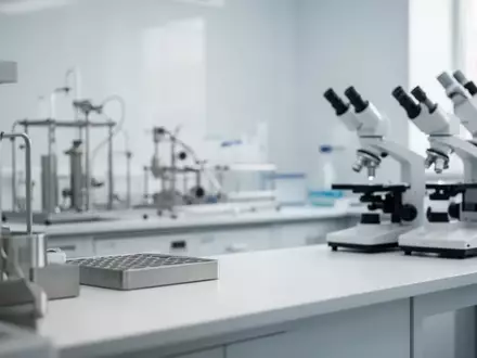 Ein steriler, unbesetzter medizinischer Laborraum mit glänzenden Edelstahlinstrumenten und Mikroskopen vor einer weißen Wand. - Foto: über boerse-global.de