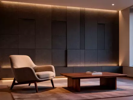 Modernes Wohnzimmer mit akustischer Wandverkleidung, gemütlichem Sessel und stimmungsvoller Beleuchtung. - Foto: über boerse-global.de