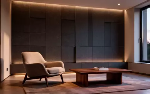 Modernes Wohnzimmer mit akustischer Wandverkleidung, gemütlichem Sessel und stimmungsvoller Beleuchtung. - Foto: über boerse-global.de