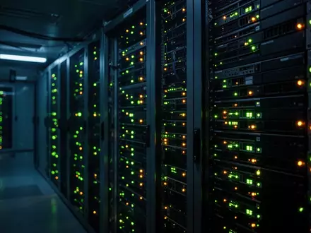 Dunkler Serverraum mit blinkenden Kontrollleuchten als Symbol für digitale Bedrohungslagen und IT-Sicherheit. - Foto: über boerse-global.de