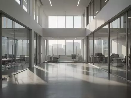 Ein minimalistischer, leerer Büroarbeitsbereich in einem modernen Technologiegebäude mit klaren Linien und natürlichem Licht. - Foto: über boerse-global.de