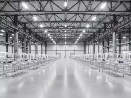 Eine weitläufige, leere Fabrikhalle mit polierten Betonböden und hohen Stahlträgern in einer modernen Produktionsstätte in Serbien. - Foto: über boerse-global.de