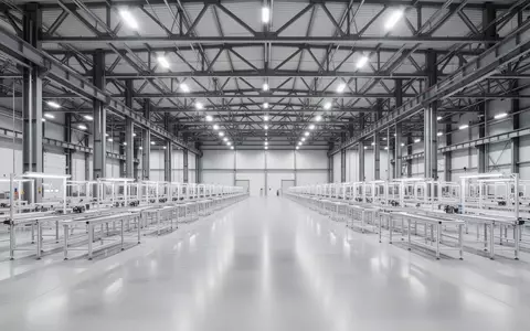 Eine weitläufige, leere Fabrikhalle mit polierten Betonböden und hohen Stahlträgern in einer modernen Produktionsstätte in Serbien. - Foto: über boerse-global.de