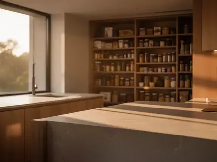 Eine moderne, minimalistische Küche in warmem Sonnenlicht mit aufgeräumten Oberflächen und einer organisierten Speisekammer. - Foto: über boerse-global.de