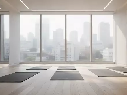 Ein minimalistischer, heller Fitnessraum mit Holzboden und Blick auf eine Stadt, der eine ruhige Atmosphäre vermittelt. - Foto: über boerse-global.de