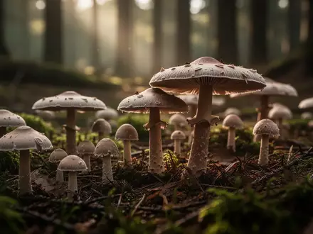 Psilocybe-Pilze auf einem moosbedeckten Waldboden im sanften Morgenlicht. - Foto: über boerse-global.de