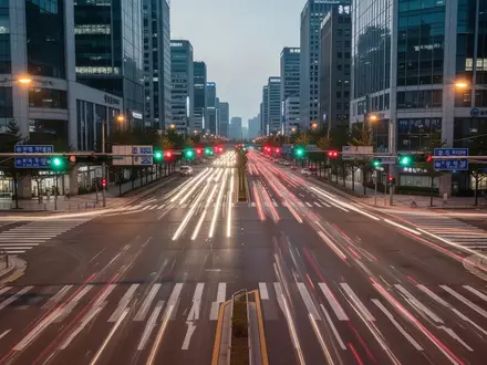 Eine vielspurige Straßenkreuzung in Seoul bei Dämmerung mit Lichtspuren von Fahrzeugen in einer städtischen Umgebung. - Foto: über boerse-global.de