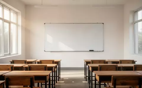 Ein heller, leerer Klassenraum in einer Schule in Punjab mit ordentlich aufgereihten Holztischen vor einer leeren Tafel. - Foto: über boerse-global.de