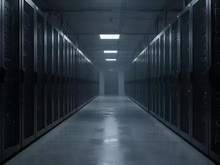 Ein dunkler, steriler Serverraum mit langen Reihen metallischer Racks in einem modernen Rechenzentrum. - Foto: über boerse-global.de